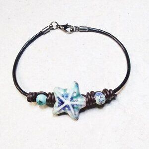 Coastal Cowgirl! Boho Beach Lovers! Ceramic Starfish + Beads + Knotted Leather